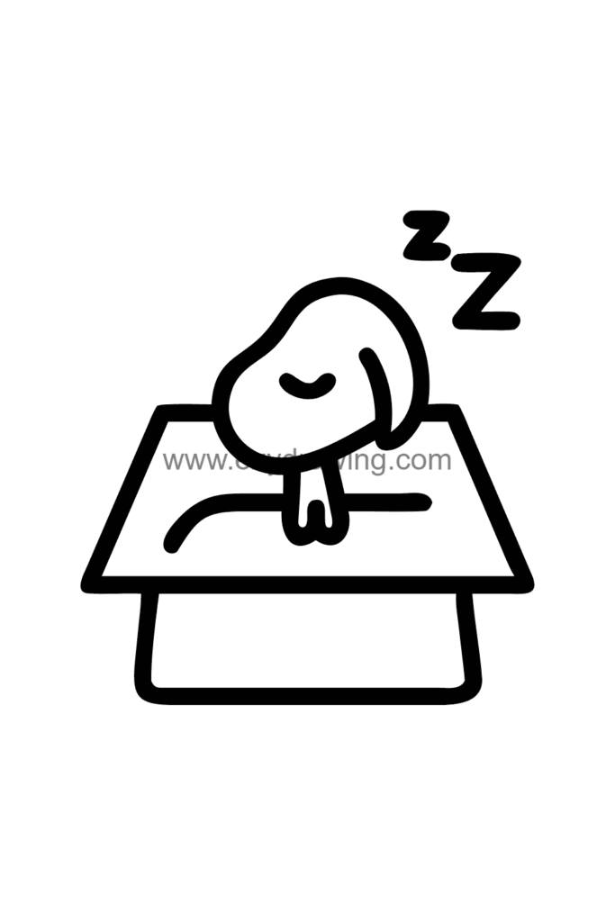 Cute Snoopy drawing of Snoopy lying on his back on top of his red doghouse with eyes closed and a peaceful smile, black and white line art.