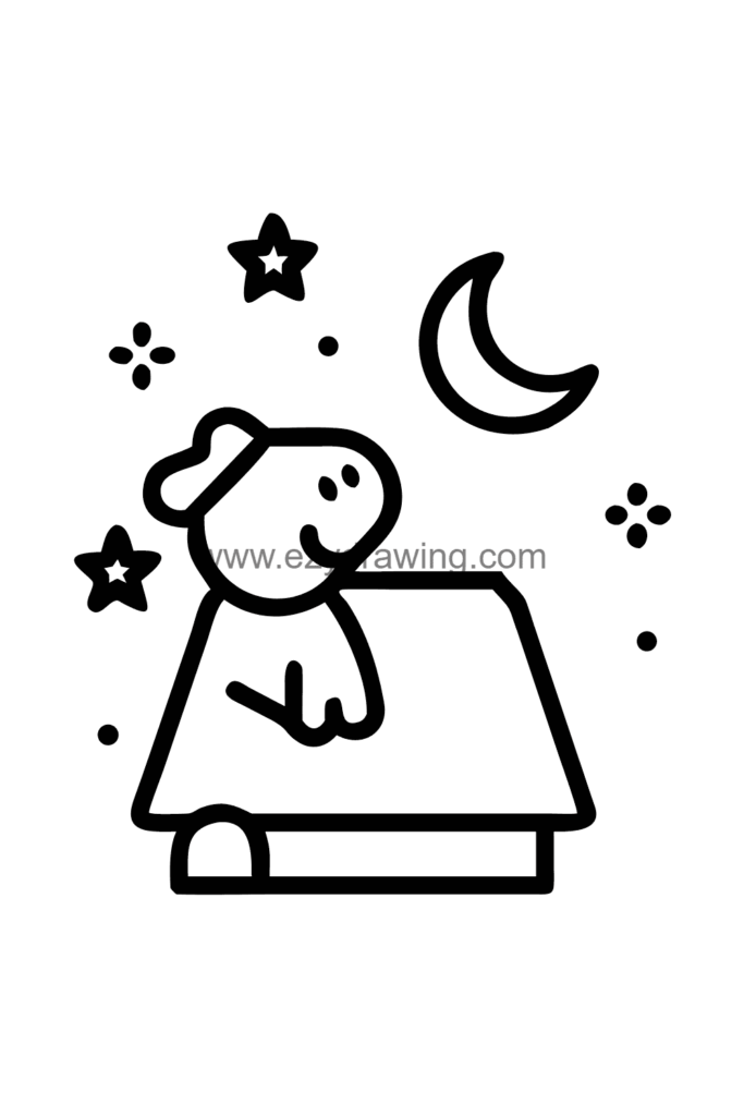 ALT TEXT: Cute Snoopy drawing of Snoopy lying on his back on top of his doghouse at night looking up at the stars with dreamy eyes and a soft smile, black and white line art.