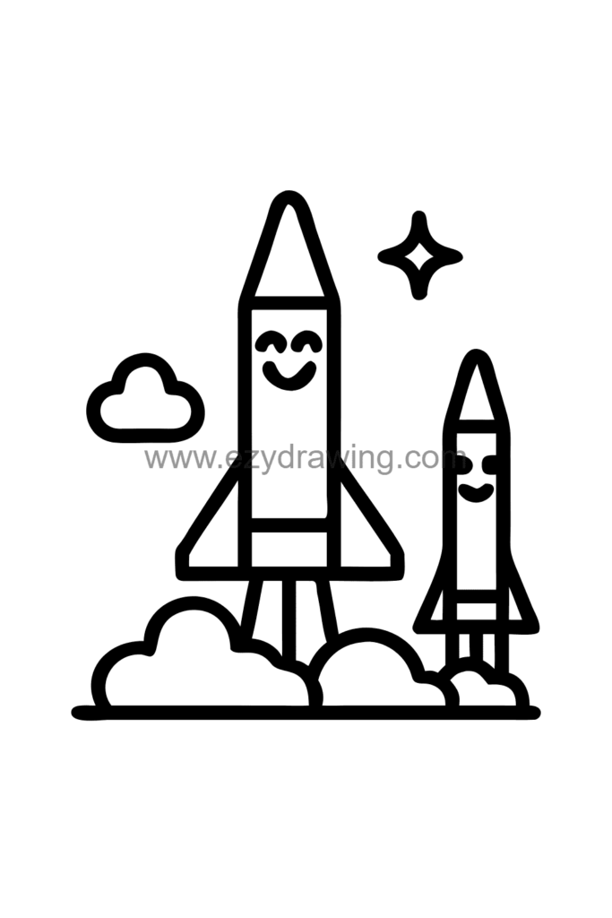 13+ Creative Building Drawing Ideas Easy for Little Artists 10 Cute kawaii rocket launch pad drawing with a tall rocket on a launch platform, support towers on each side, and clouds of launch smoke at the base, black and white line art.