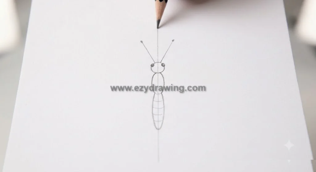 How To Draw a Butterfly step shows a light center line, simple body shapes, tiny eyes, and antennae sketched on white paper