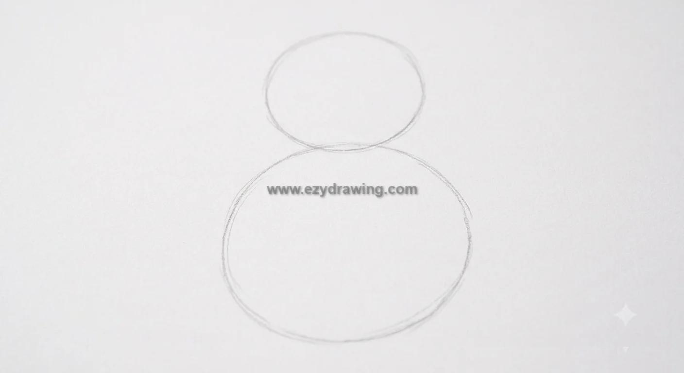 how to draw a panda step 1 with light pencil circles for the head and body, showing simple guide shapes on white paper.