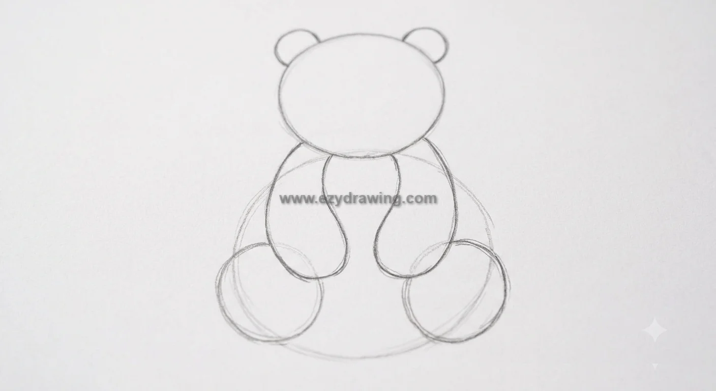 how to draw a panda step 2 showing light pencil outlines for ears, arms, legs, head, and body guide shapes on white paper