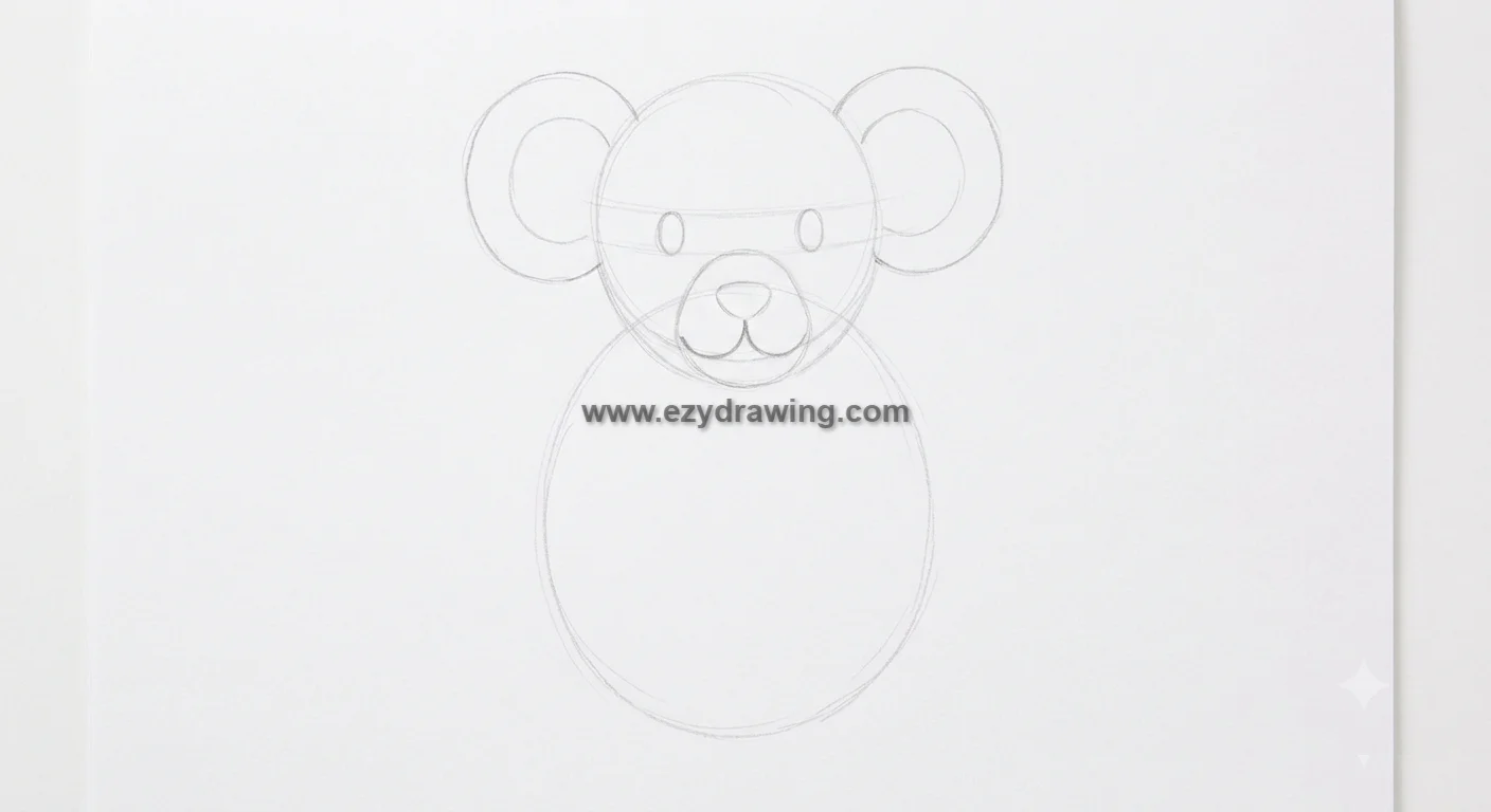 how to draw a monkey step 2 shows light pencil guidelines with round ears, simple eyes, nose, and muzzle forming a cute face