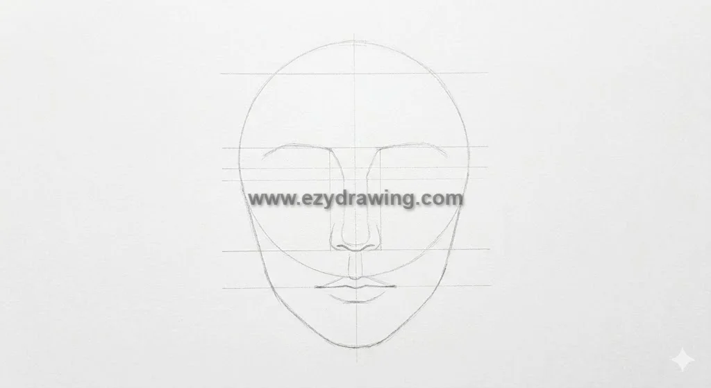 Face drawing step 2 with guideline grid, brows, nose and lips lightly mapped on an oval head