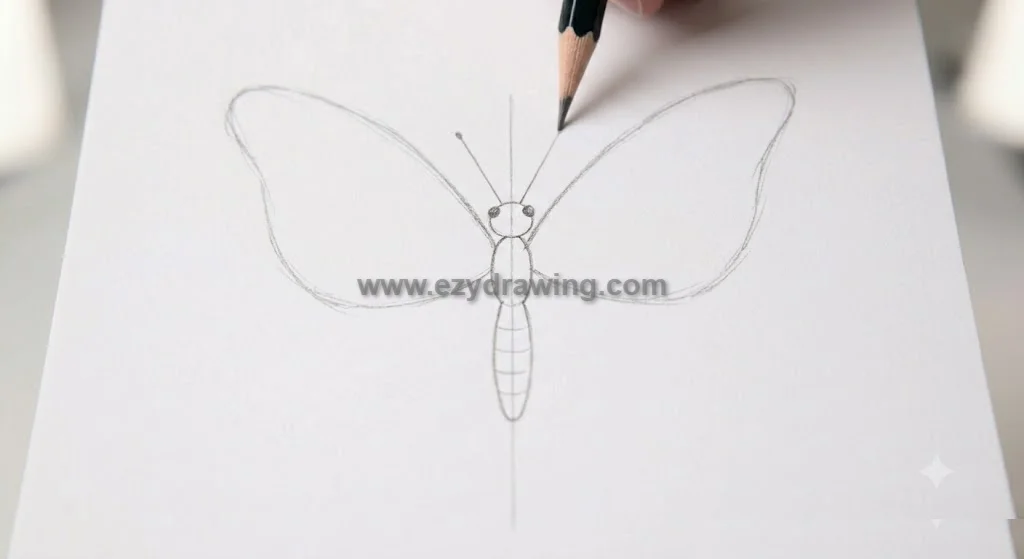 How To Draw a Butterfly step outlines large upper forewings beside a simple body, eyes, antennae, and center guide on paper.