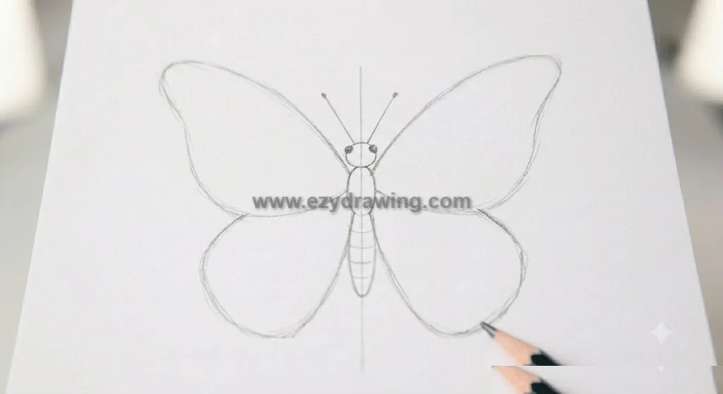 How To Draw a Butterfly step adds rounded lower hindwings below the upper wings, creating a complete light pencil butterfly sketch.