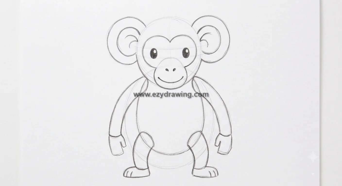 how to draw a monkey step 3 shows a cute monkey outline with face details, arms, legs, feet, and rounded ears in pencil