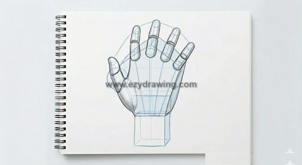 How to draw hands by adding 3D finger volumes, thumb shapes, and palm structure with light sketch guides.