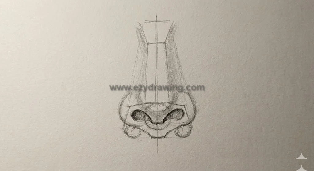 How to Draw Nose Simply With Stunning Sketch Tips 4 how to draw nose step showing shaded nostril cavities, soft bridge lines, nose tip, and clear pencil structure for beginners