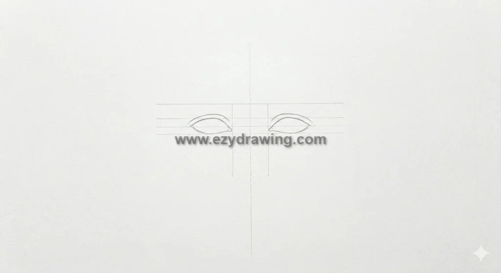Face drawing step 3 showing eye shapes placed on guide lines with center nose guides