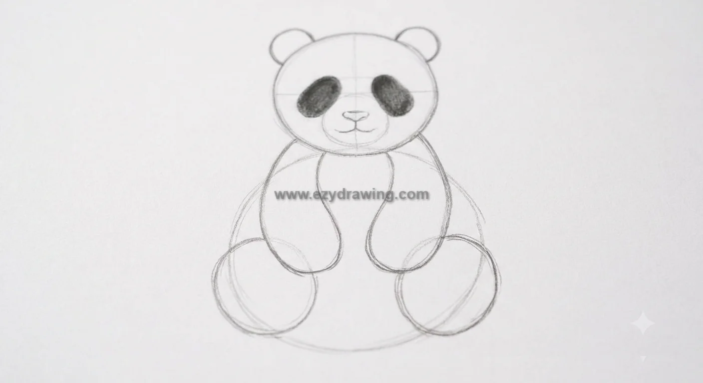 how to draw a panda step 3 with soft pencil facial guides, dark eye patches, nose, smile, ears, arms, and legs.