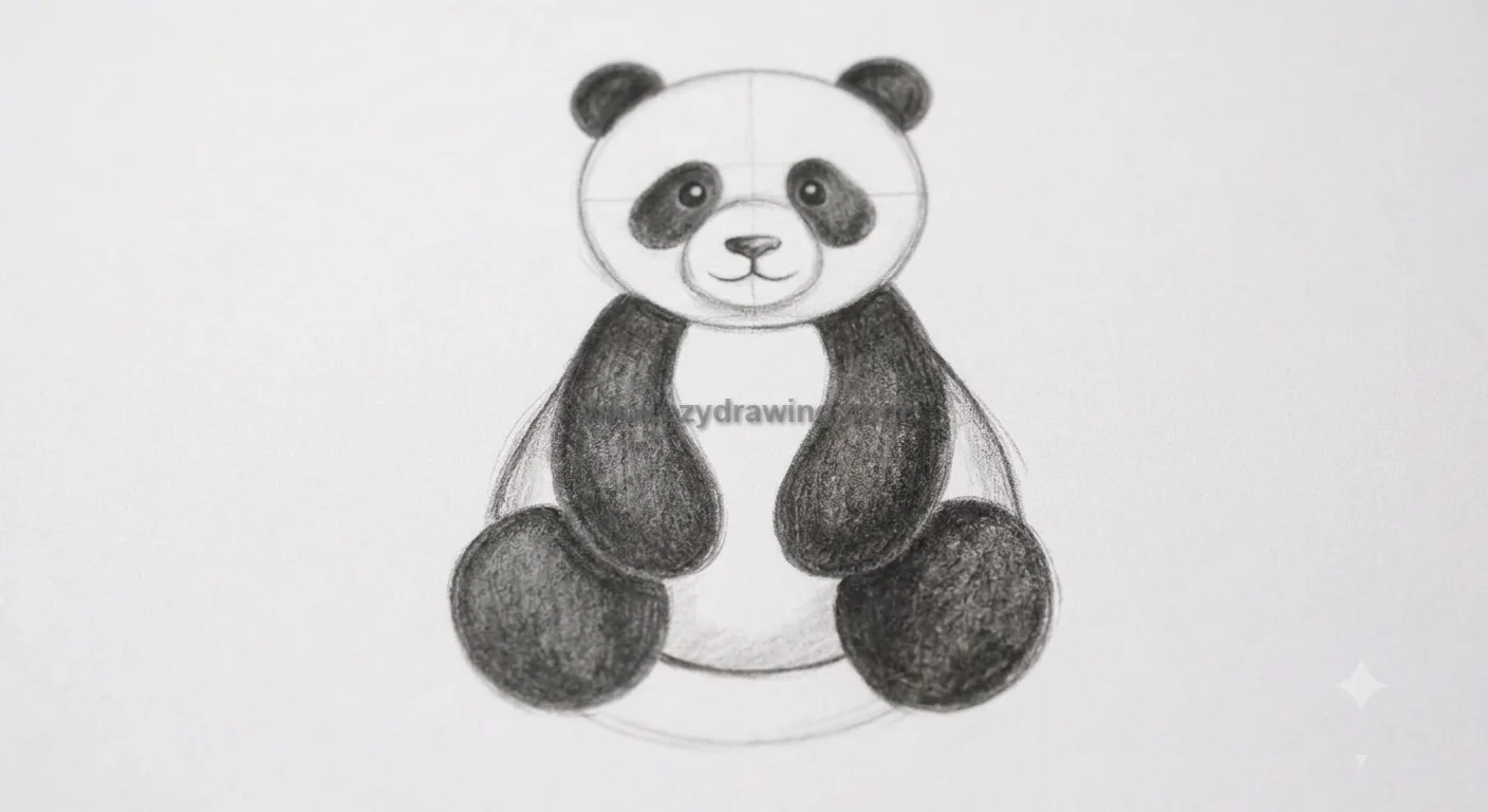 how to draw a panda step 4 showing shaded ears, eye patches, arms, and feet with a cute smiling face and soft pencil guides.