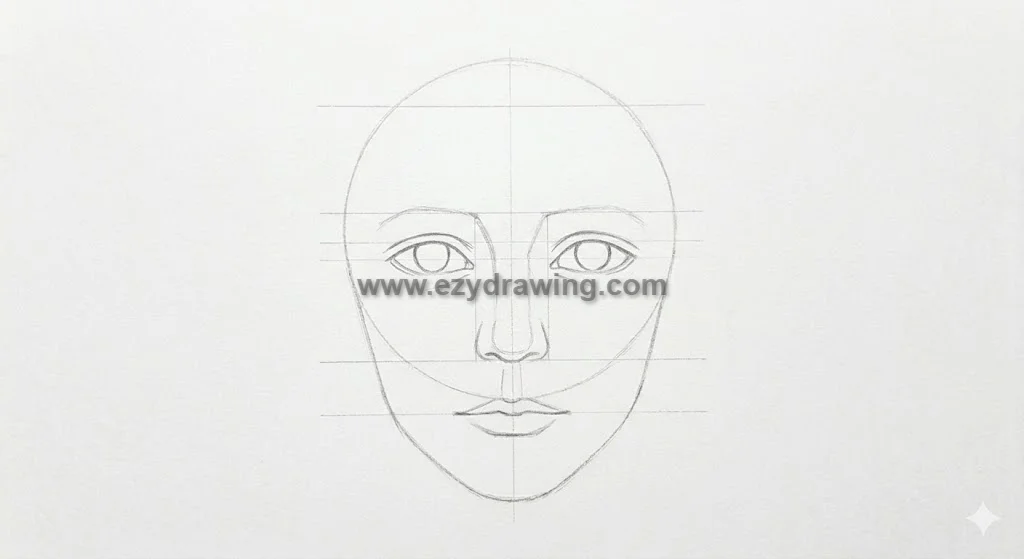 Face drawing step 4 with eyes, nose and mouth added on a guided oval head sketch