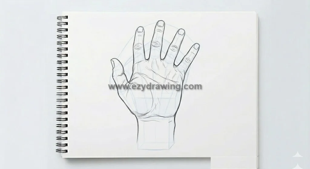 How to draw hands with palm contours, finger details, nails, and skin crease lines on a sketchbook.
