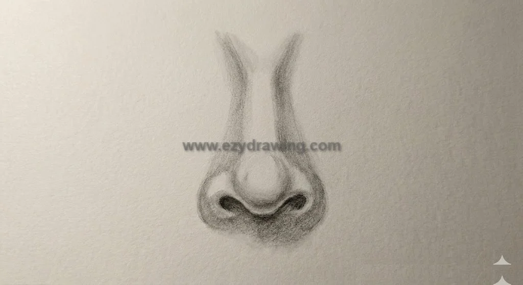 How to Draw Nose Simply With Stunning Sketch Tips 5 how to draw nose step showing initial shading, dark nostrils, soft bridge shadows, rounded tip, and blended pencil tones
