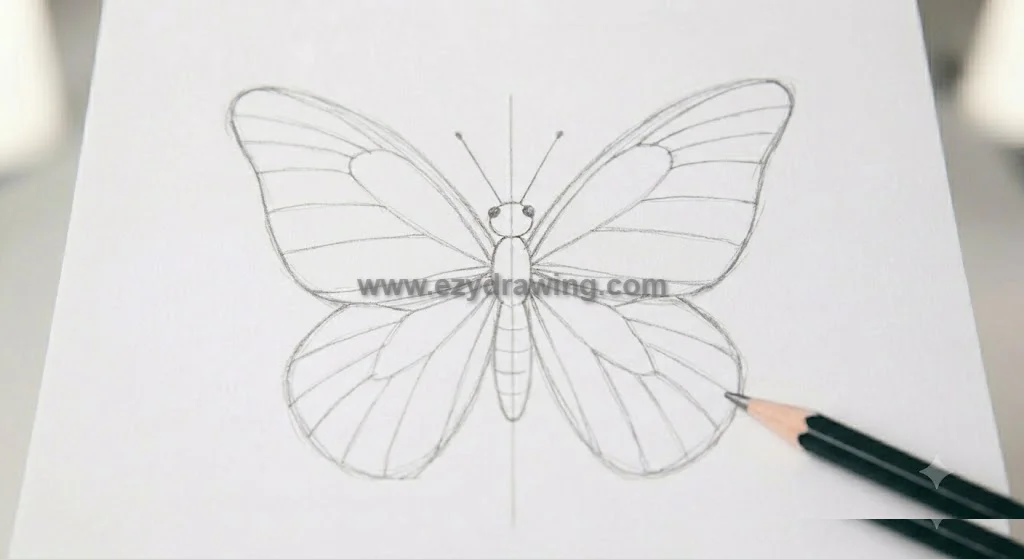 How To Draw a Butterfly step maps primary wing veins with light pencil lines across upper and lower butterfly wings.