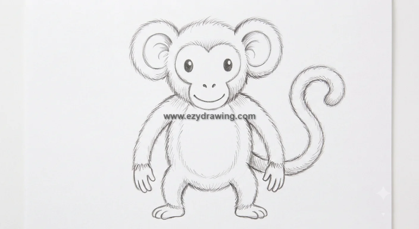 how to draw a monkey step 4 shows a refined cute monkey sketch with fluffy fur, curved tail, smiling face, ears, hands, and feet