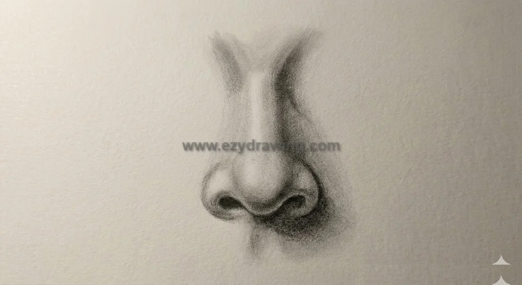 How to Draw Nose Simply With Stunning Sketch Tips 6 how to draw nose step showing subtle shading, soft texture, dark nostrils, blended bridge shadows, and realistic pencil tones