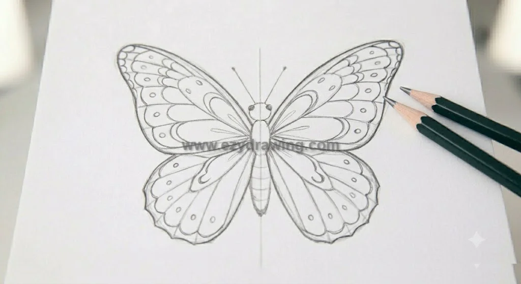 How To Draw a Butterfly step adds inside wing patterns, dots, scalloped edges, and cleaner pencil details on white paper art.