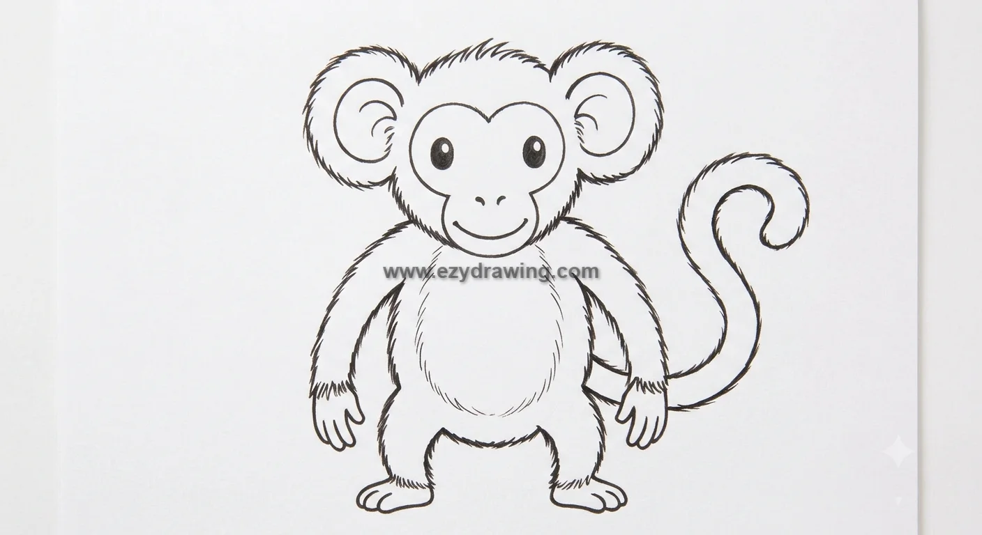 how to draw a monkey step 5 shows final inked line art of a cute monkey with fluffy fur, big ears, smiling face, and curled tail