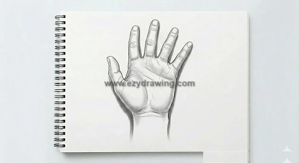 How to draw hands with light shading, palm depth, finger shadows, and refined pencil sketch details.