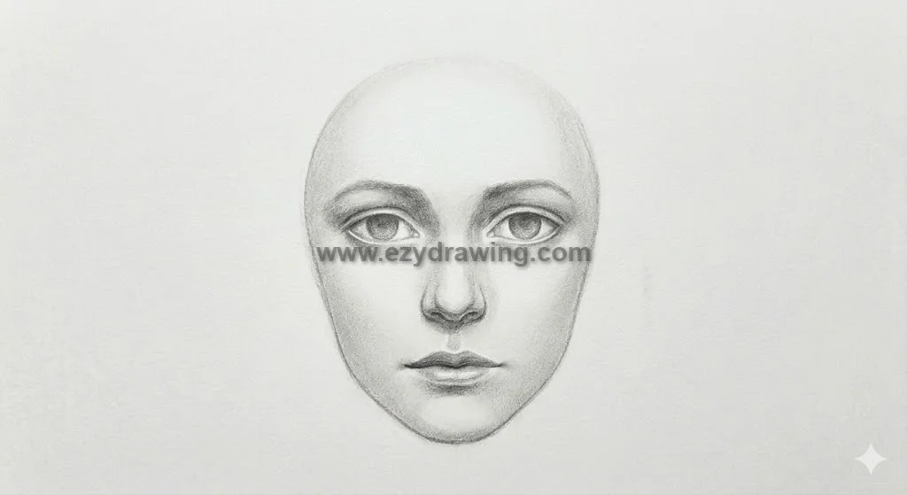 Face drawing step 5 showing shaded eyes, nose, lips and soft depth on a beginner portrait sketch