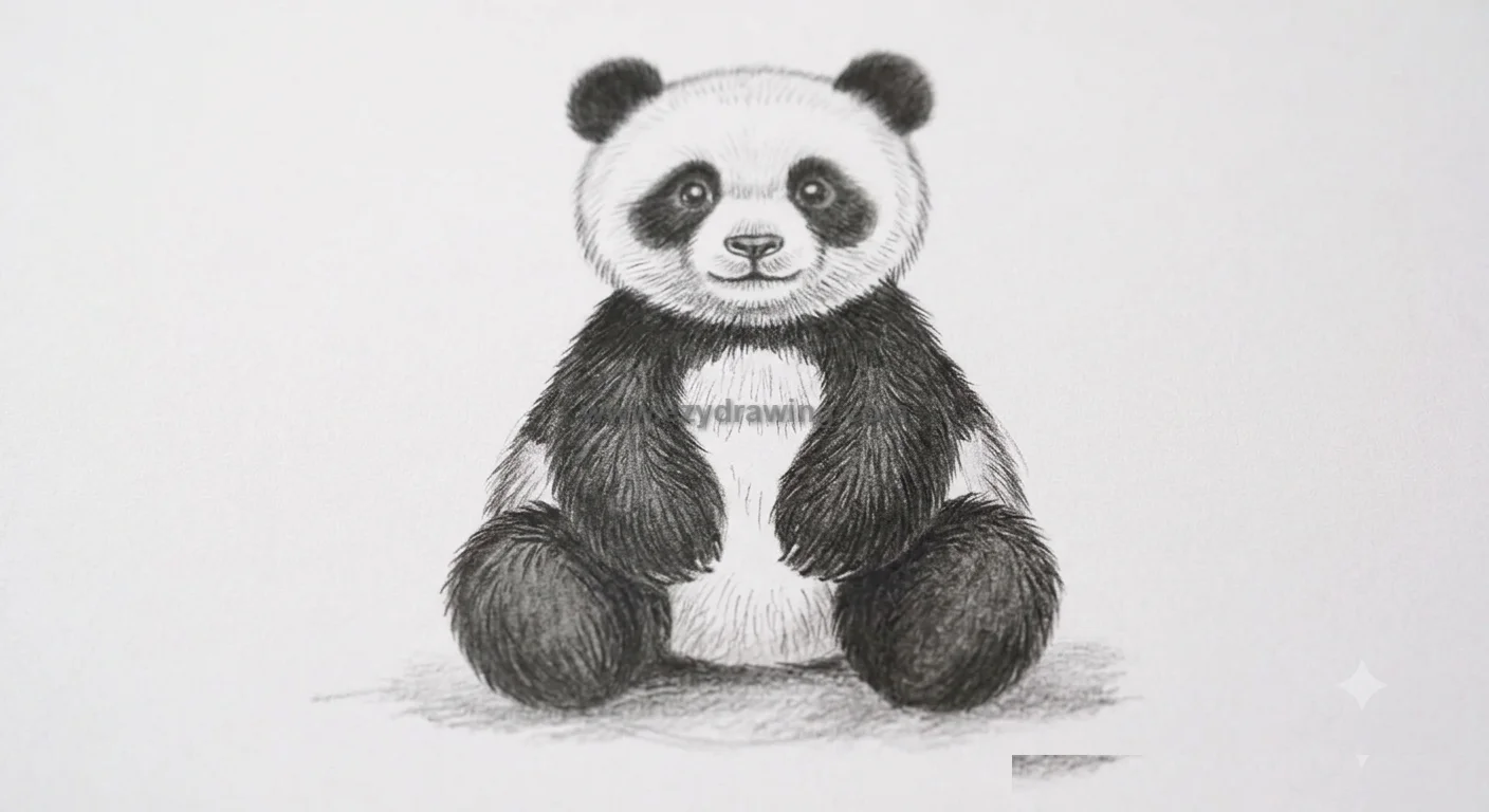 how to draw a panda step 5 with fur texture, shading, cute face, paws, and soft ground shadow in pencil.
