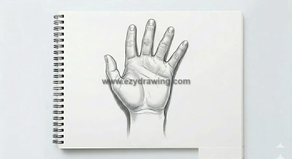 How to draw hands final sketch with refined shading, finger details, palm lines, and realistic pencil texture.
