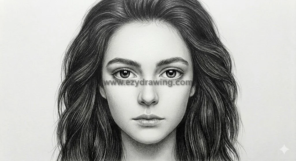 Final face drawing step with detailed hair, realistic eyes and refined pencil shading on a portrait sketch