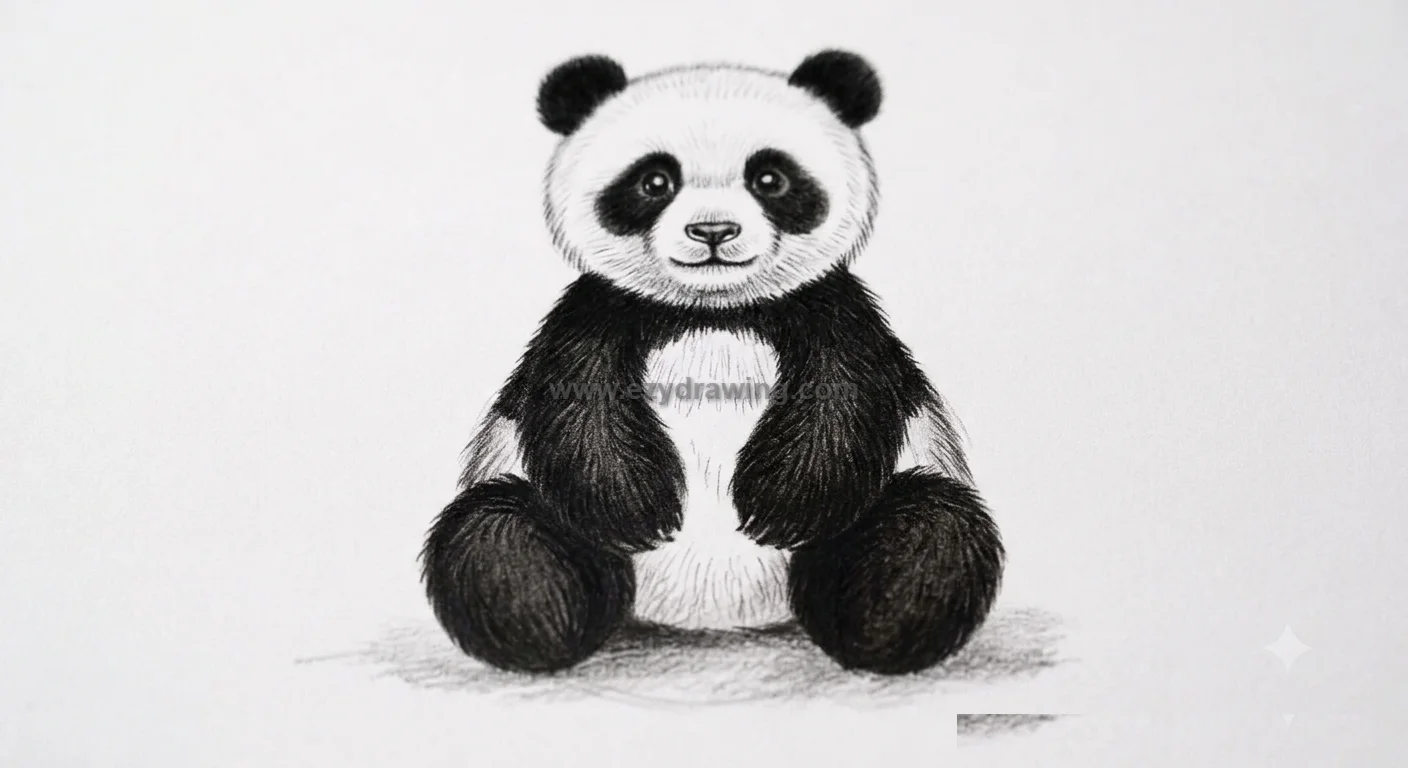 how to draw a panda final step with detailed fur texture, bold shading, cute face, rounded paws, and soft pencil shadow.