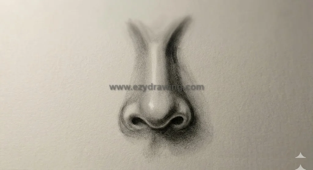 How to Draw Nose Simply With Stunning Sketch Tips 7 how to draw nose final step with high contrast shading, dark nostrils, bright highlight, soft bridge shadows, and realistic pencil detail