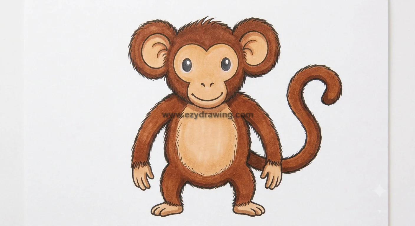 how to draw a monkey step 6 shows a finished colored monkey with brown fur, tan face and belly, big ears, and a curled tail