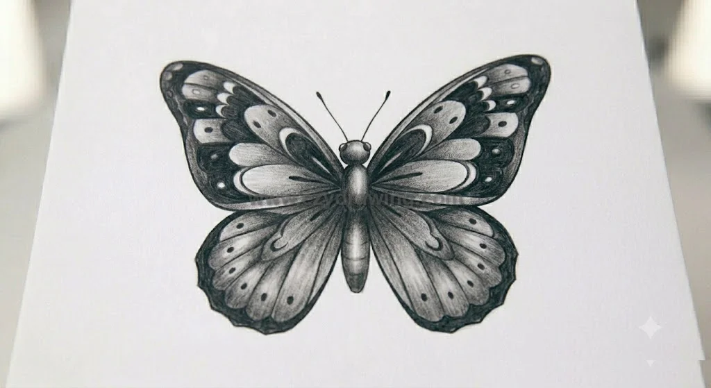How To Draw a Butterfly final step shows shaded wings, dark edges, soft body tones, antennae, and contrast on white paper HD.