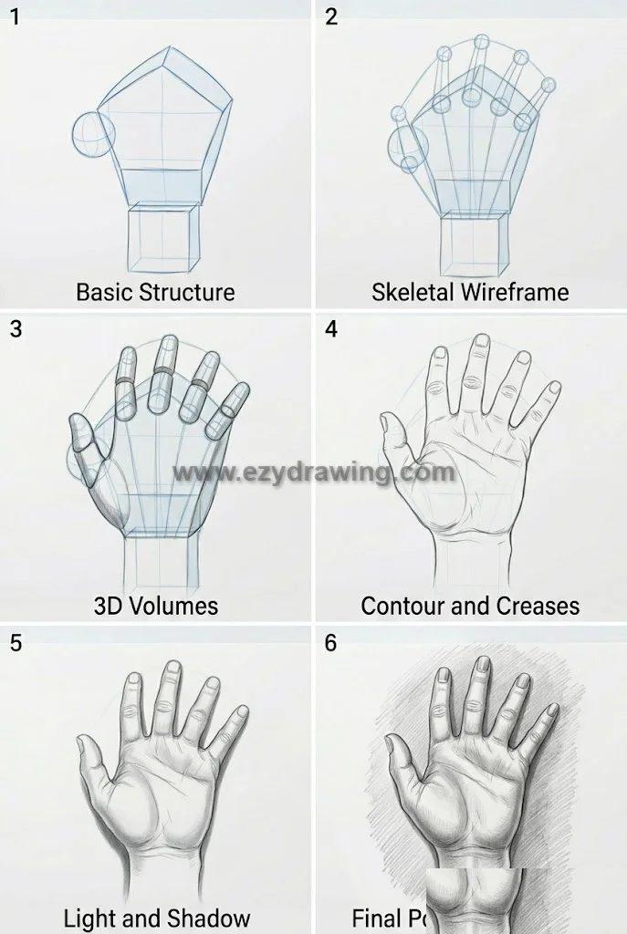 How to draw hands in six steps with structure, wireframe, 3D volumes, creases, shading, and final sketch.