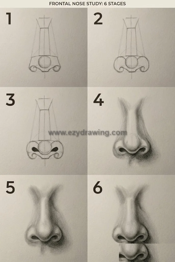 How to Draw Nose Simply With Stunning Sketch Tips 8 how to draw nose six-step overview showing basic geometry, nostril wings, shading, highlights, and realistic pencil detail