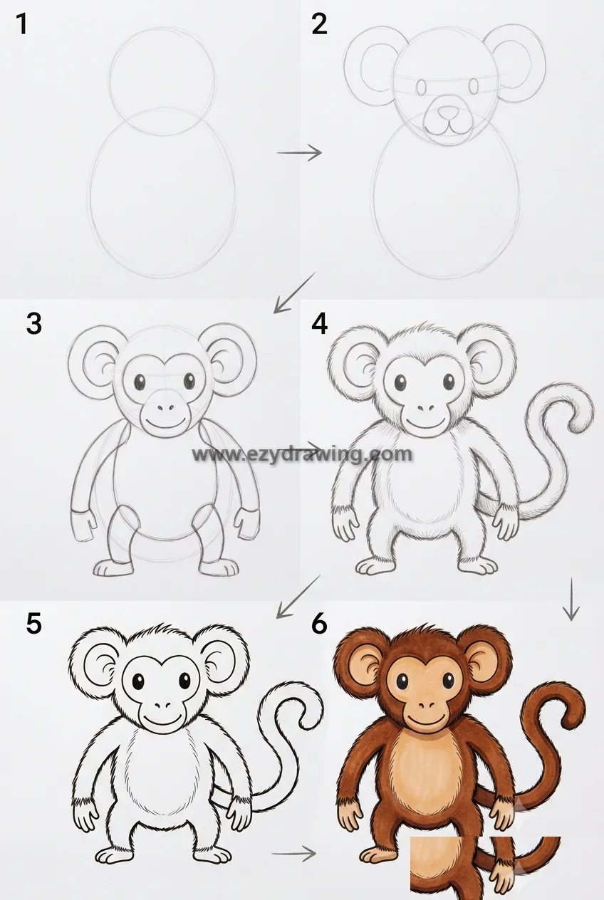 how to draw a monkey visual guide shows six numbered steps from pencil circles to a cute colored monkey with arrows on white paper