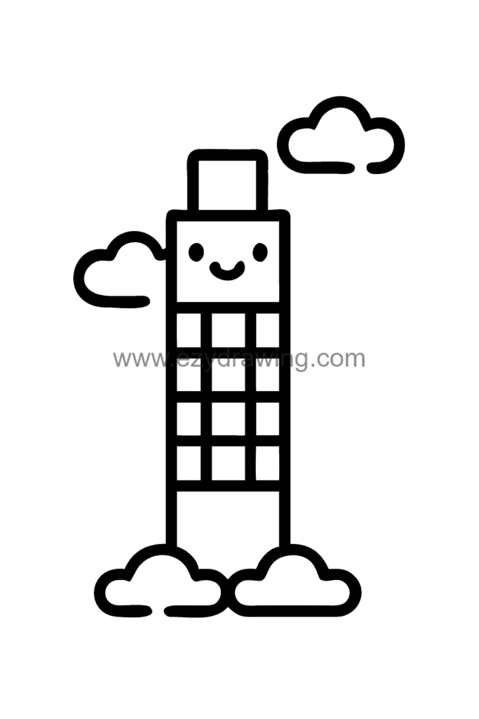 13+ Creative Building Drawing Ideas Easy for Little Artists 3 Cute kawaii skyscraper drawing of a tall glass office building with rows of windows, an antenna on top, and clouds around the upper floors, black and white line art.