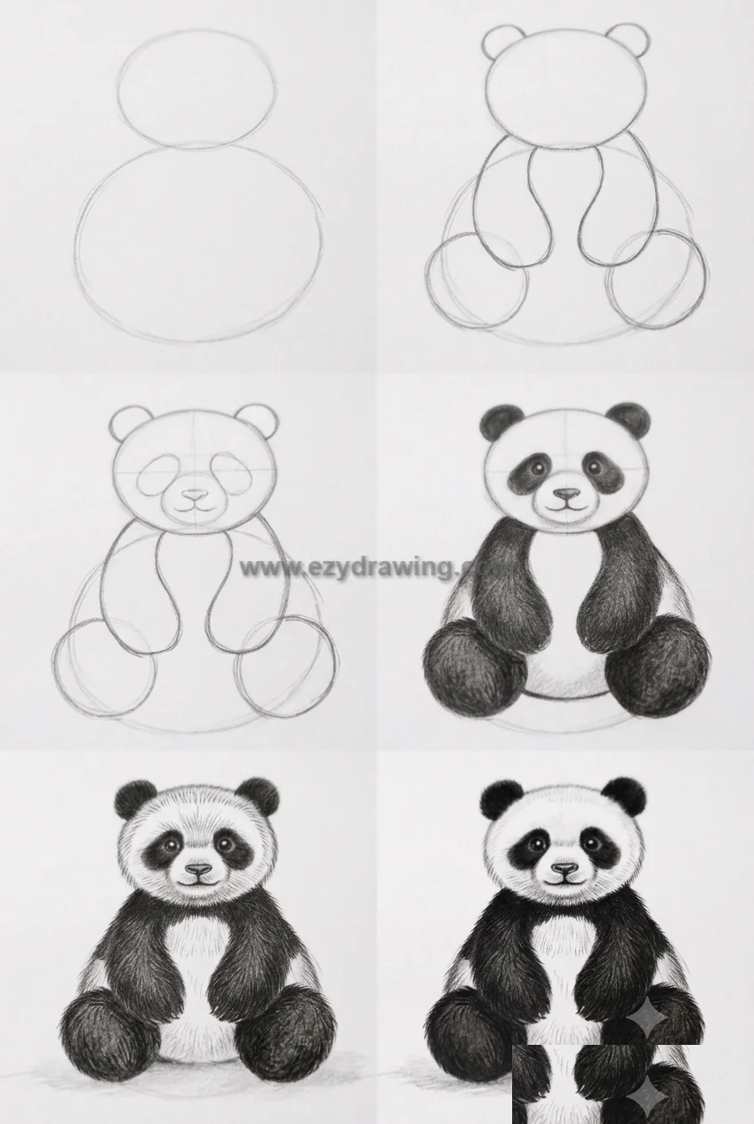 how to draw a panda with six pencil sketch stages, from basic shapes to a fully shaded cute panda drawing.