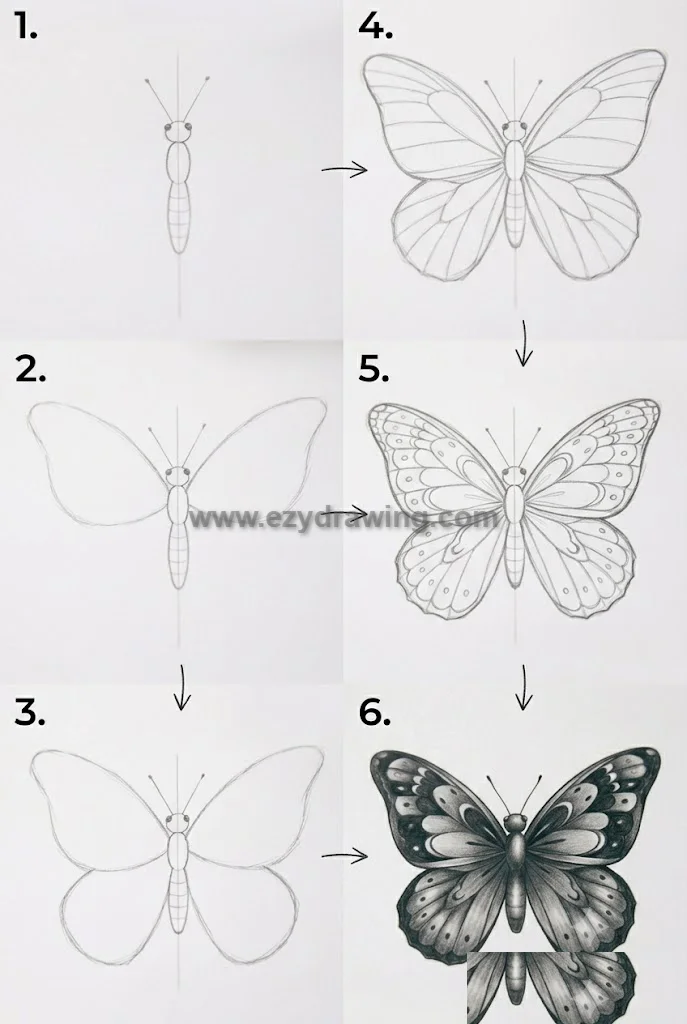How To Draw a Butterfly tutorial summary shows six pencil sketch steps, from body guide and wing outlines to patterns and final shading