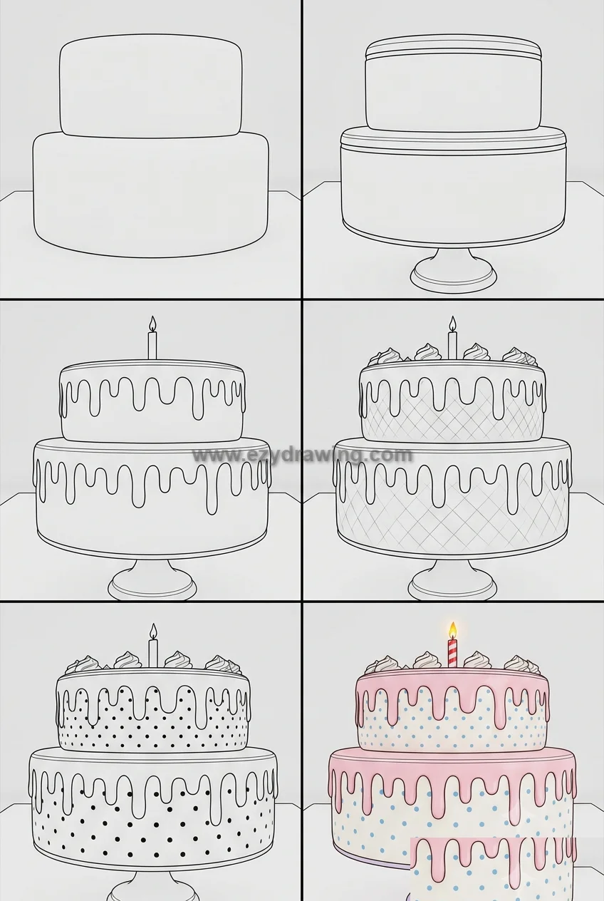 How to Draw Cake for Kids With Fun Simple Steps 8 how to draw cake in six simple panels with two tiers, dripping icing, frosting swirls, polka dots, one candle, and final color
