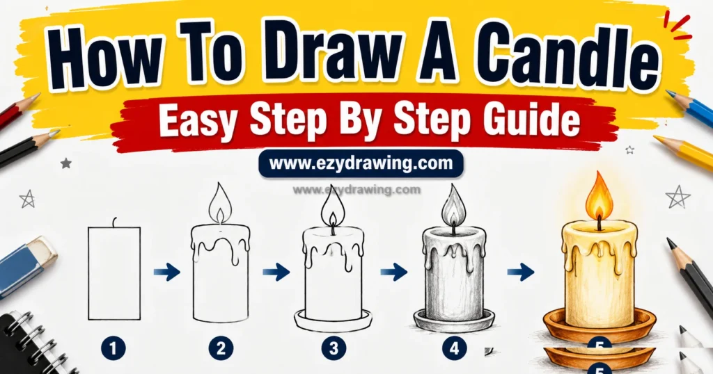 How To Draw A Candle step by step guide with five easy candle sketches, arrows, bold title, pencils, and beginner art layout.