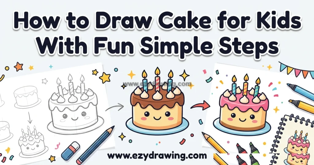 how to draw cake for kids with simple sketch steps, cute birthday cakes, candles, pencils, markers, and a colorful final design