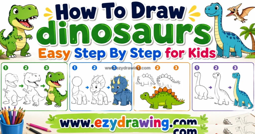 How To Draw dinosaurs Easy Step By Step for Kids 13 How To Draw dinosaurs easy step by step for kids with colorful T rex, triceratops, stegosaurus and long neck drawing guide