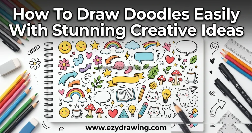How To Draw Doodles with colorful pencils, cute icons, arrows, flowers, cats, rainbows, and creative sketches in a notebook.