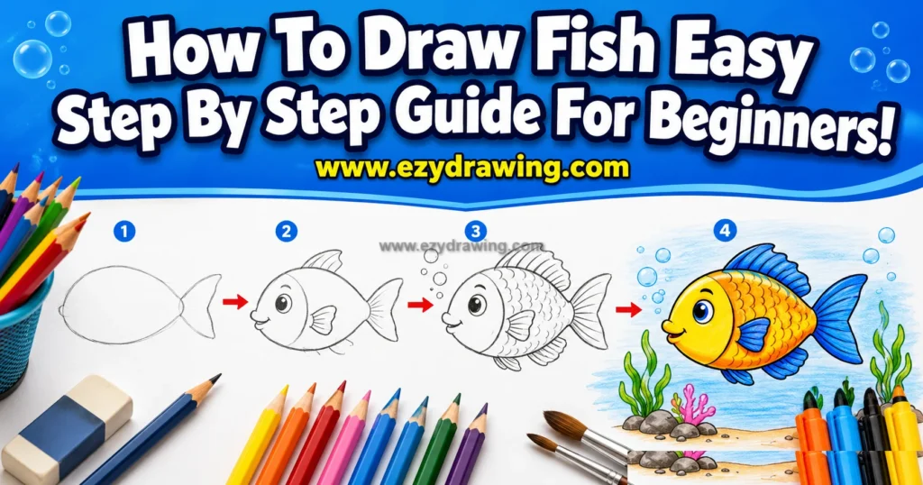 How to draw fish step by step tutorial image showing four easy stages from sketch outline to colorful cartoon fish artwork.