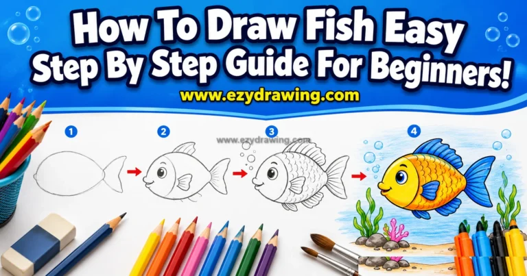 How to draw fish step by step tutorial image showing four easy stages from sketch outline to colorful cartoon fish artwork.