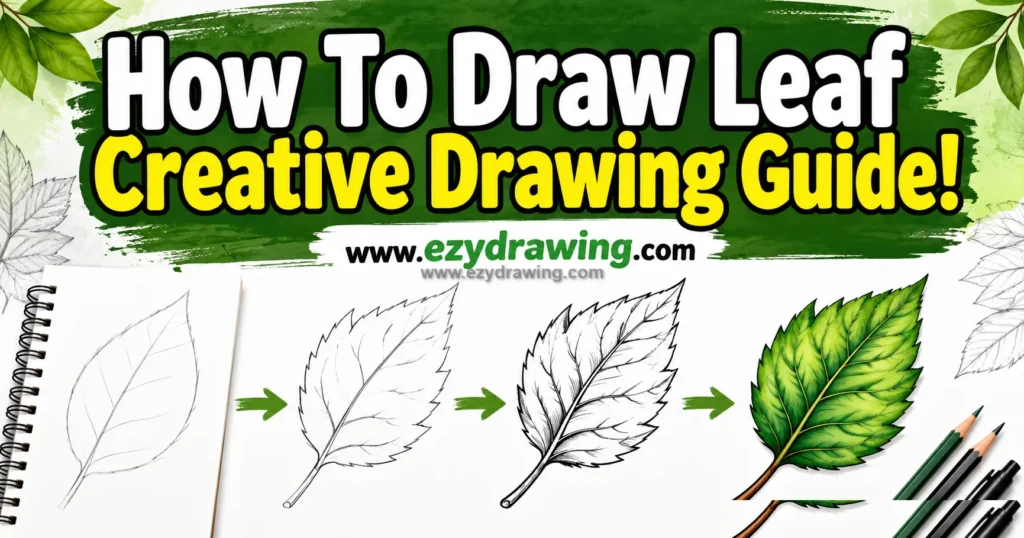 how to draw leaf step by step tutorial with sketch stages, green leaf final art, pencils, arrows, and ezydrawing.com title