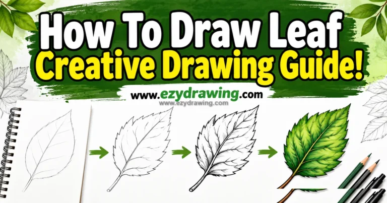how to draw leaf step by step tutorial with sketch stages, green leaf final art, pencils, arrows, and ezydrawing.com title