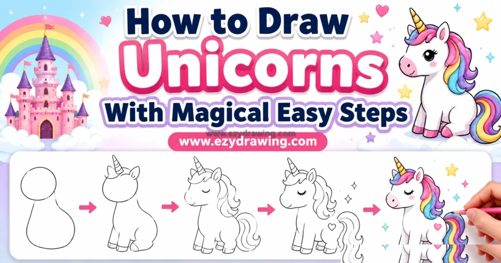 How to Draw Unicorns With Magical Easy Steps 13 how to draw unicorns step by step guide with cute rainbow unicorn, castle, arrows, and easy sketch stages on a bright poster