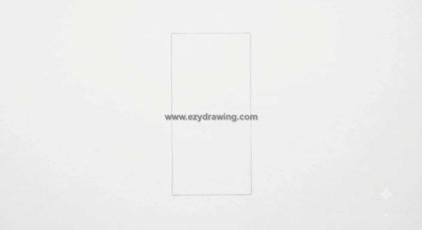 How To Draw A Candle step 1 showing a faint rectangle outline on white paper to establish the candle body for beginners.